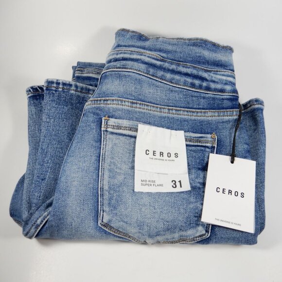 CEROS Mid Rise Super Flare JEANS Size 31 Blue Denim Back Slit NEW - Picture 11 of 12
